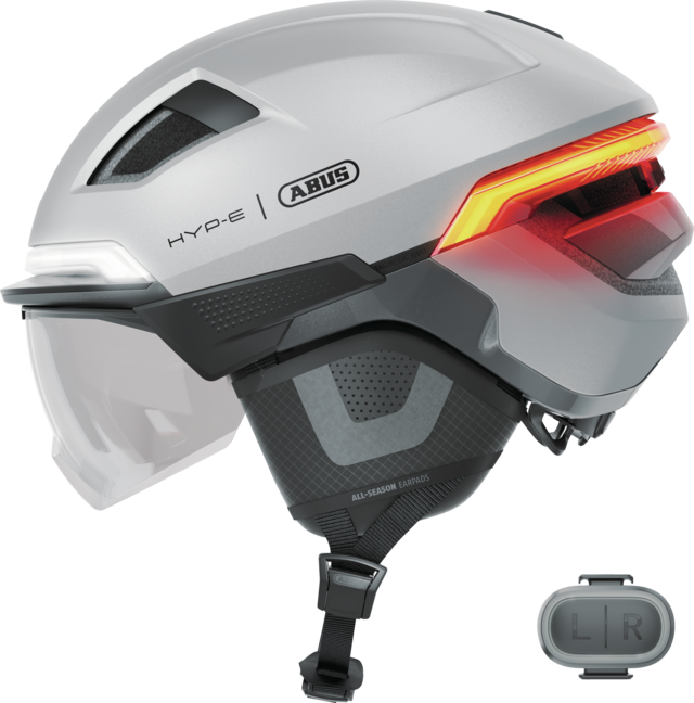 Kask rowerowy z kierunkowskazami Abus Hyp-E ACE Gleam Silver Rozmiar L: 57-61 cm