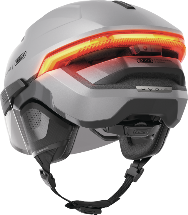 Kask rowerowy z kierunkowskazami Abus Hyp-E ACE Gleam Silver Rozmiar L: 57-61 cm