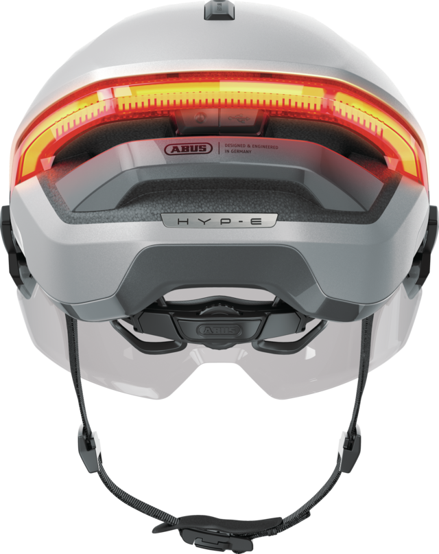 Kask rowerowy z kierunkowskazami Abus Hyp-E ACE Gleam Silver Rozmiar L: 57-61 cm