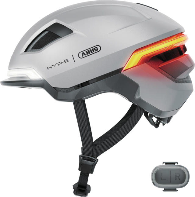 Kask rowerowy z kierunkowskazami Abus Hyp-E Gleam Silver