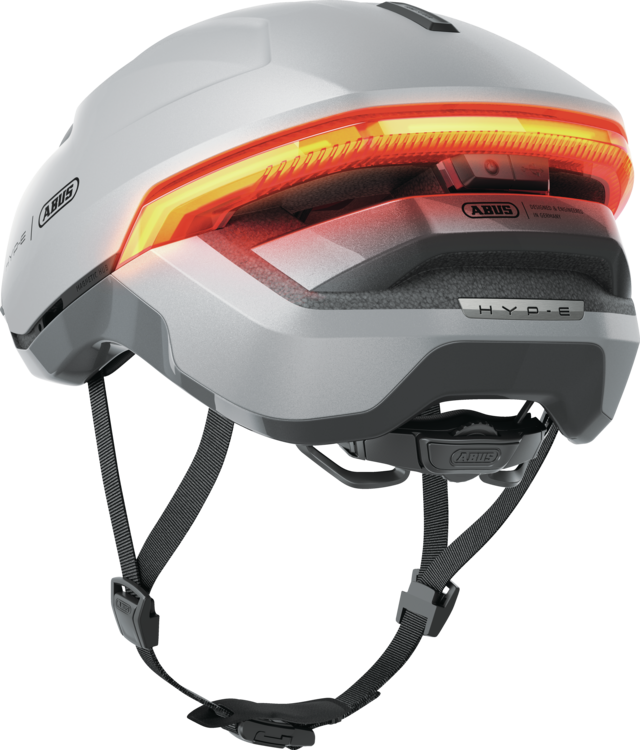 Kask rowerowy z kierunkowskazami Abus Hyp-E Gleam Silver