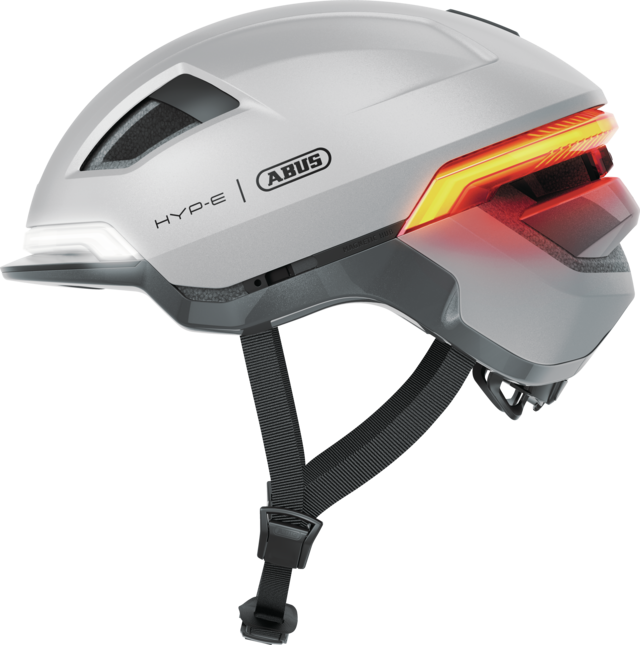 Kask rowerowy z kierunkowskazami Abus Hyp-E Gleam Silver