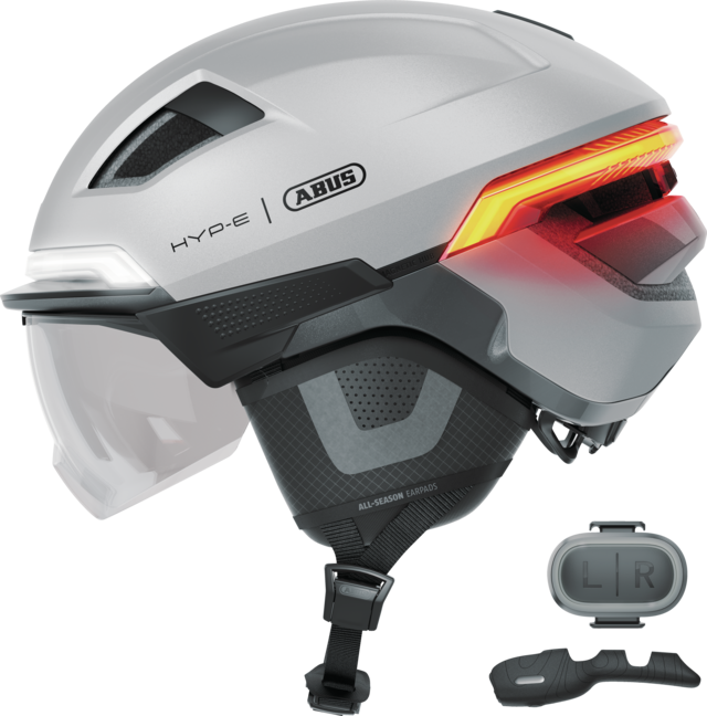 Kask rowerowy z kierunkowskazami i światłem hamowania Abus Hyp-E BL.ACE Gleam Silver