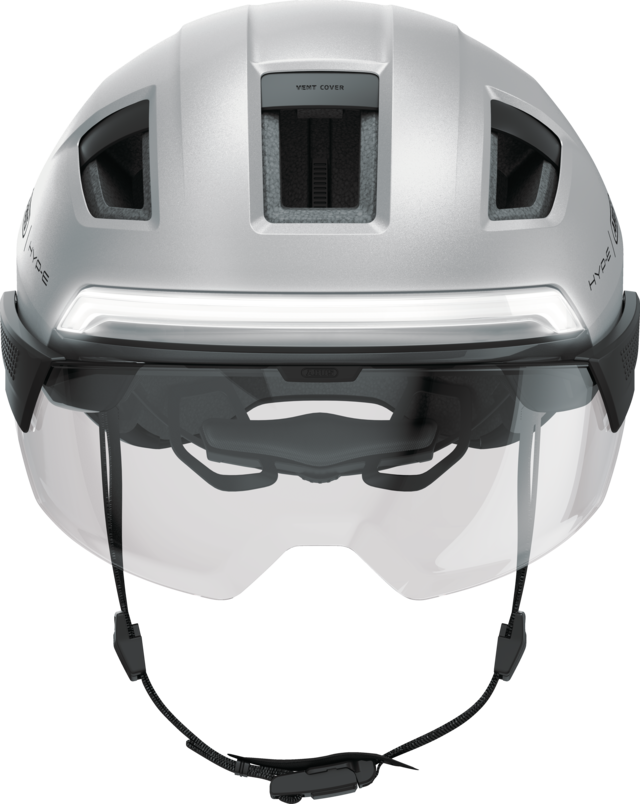 Kask rowerowy z kierunkowskazami i światłem hamowania Abus Hyp-E BL.ACE Gleam Silver
