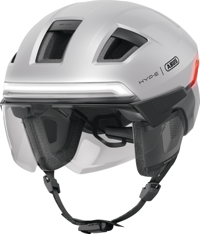 Kask rowerowy z kierunkowskazami i światłem hamowania Abus Hyp-E BL.ACE Gleam Silver