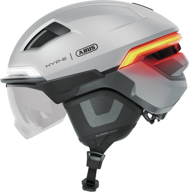 Kask rowerowy z kierunkowskazami i światłem hamowania Abus Hyp-E BL.ACE Gleam Silver