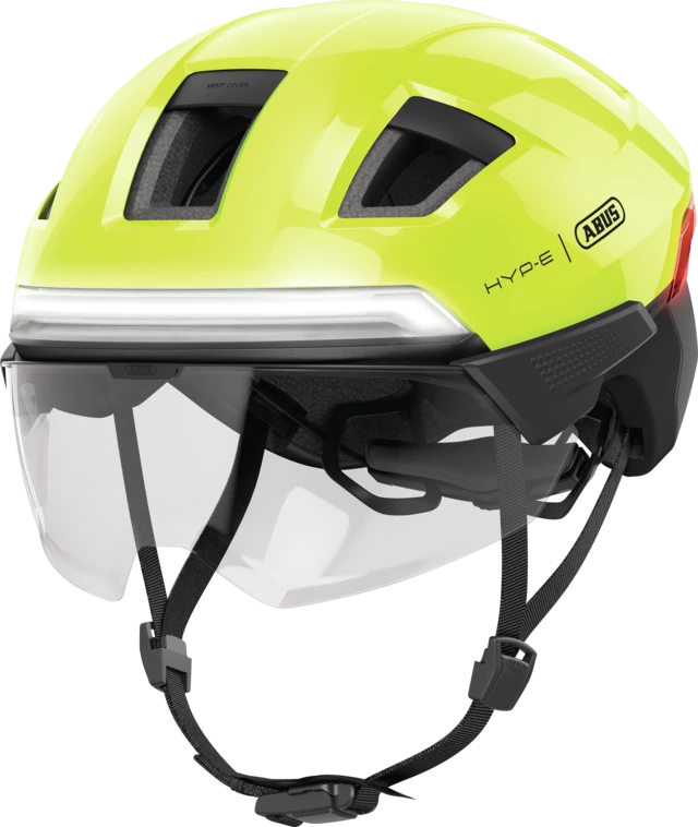 Kask rowerowy z kierunkowskazami i światłem hamowania Abus Hyp-E BL.ACE Signal Yellow