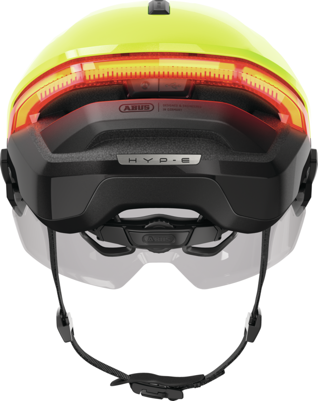 Kask rowerowy z kierunkowskazami i światłem hamowania Abus Hyp-E BL.ACE Signal Yellow