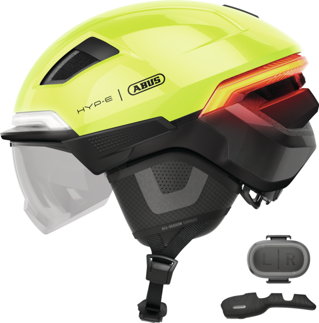 Kask rowerowy z kierunkowskazami i światłem hamowania Abus Hyp-E BL.ACE Signal Yellow