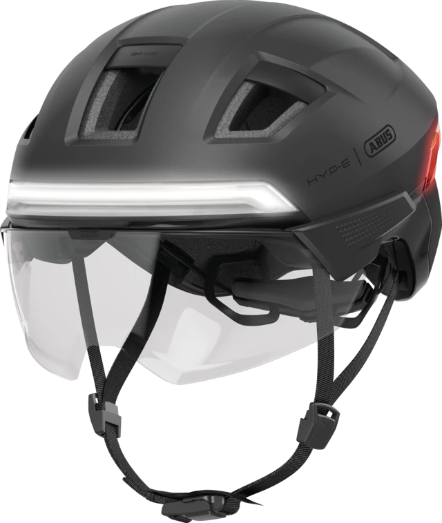 Kask rowerowy z kierunkowskazami i światłem hamowania Abus Hyp-E BL.ACE Volcano Titan