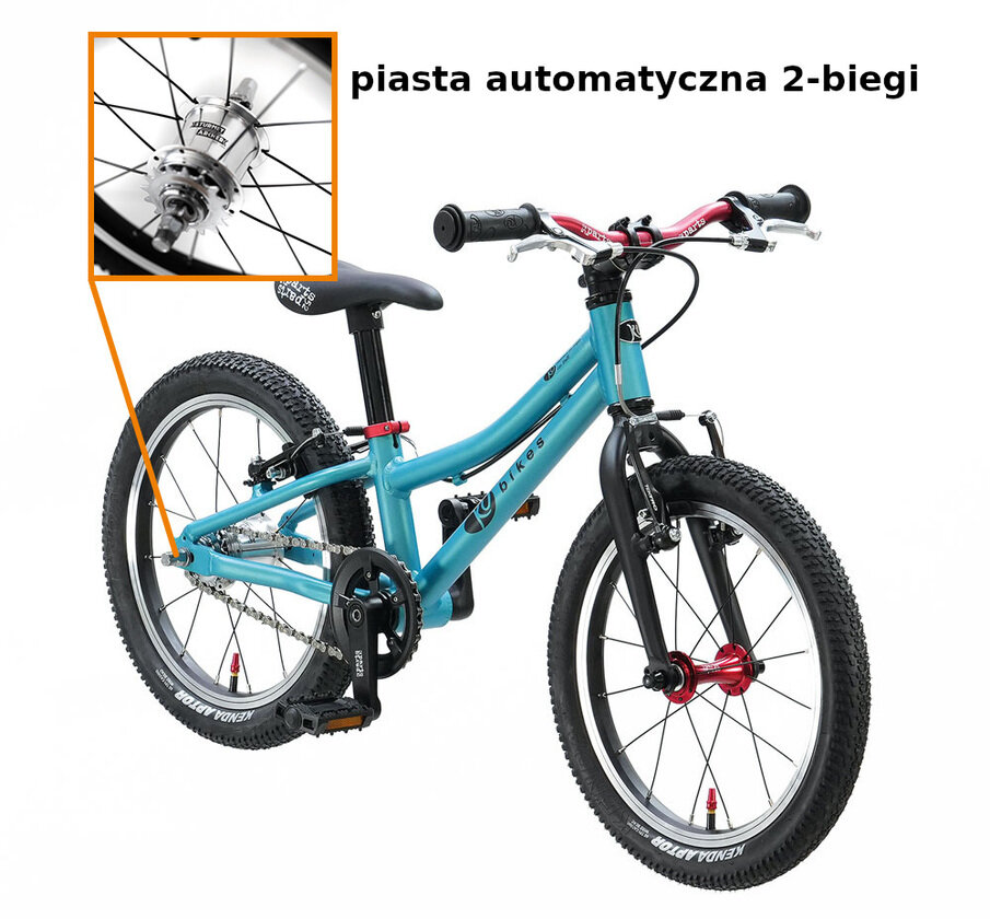 Lekki rower dla dziecka KUbikes 16 S AUTO 2 biegi Sturmey Archer Turkusowy + Laser Red