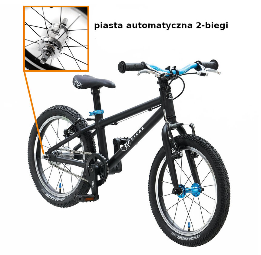 Lekki rower dla dziecka KUbikes 16L AUTO 2 biegi Sturmey Archer Czarny + Laser Blue