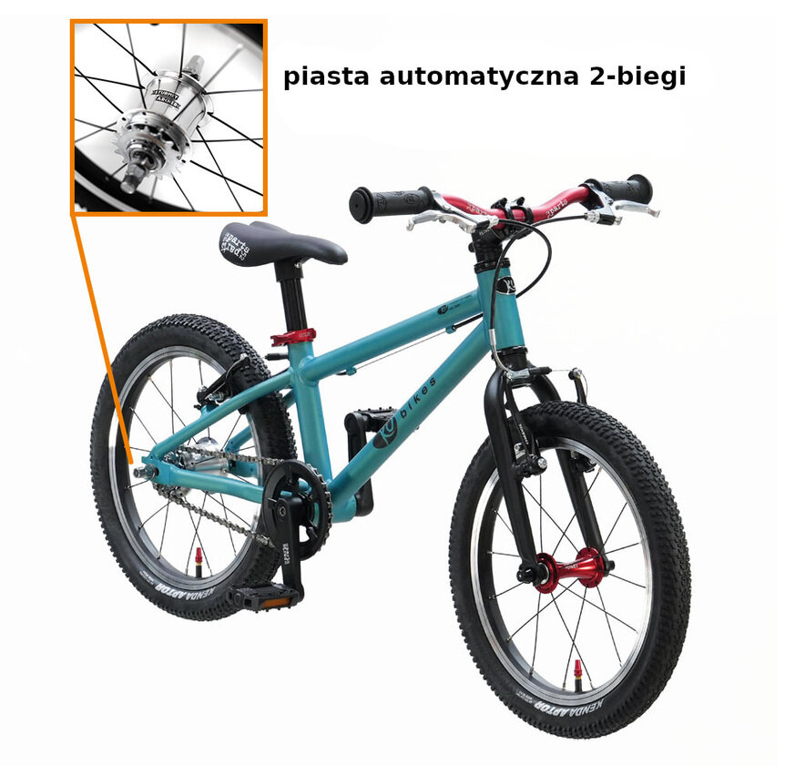 Lekki rower dla dziecka KUbikes 16L AUTO 2 biegi Sturmey Archer Turkusowy + Laser Red