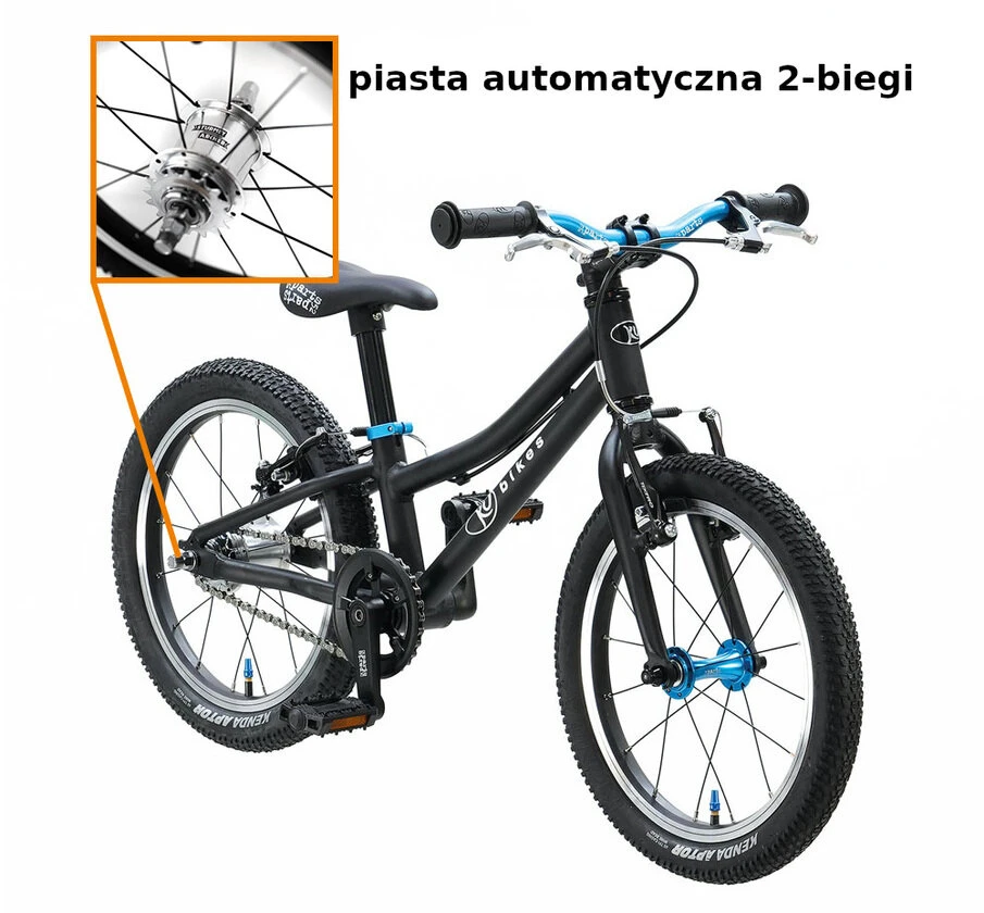 Lekki rower dla dziecka KUbikes 16S AUTO 2 biegi Sturmey Archer Czarny + Laser Blue