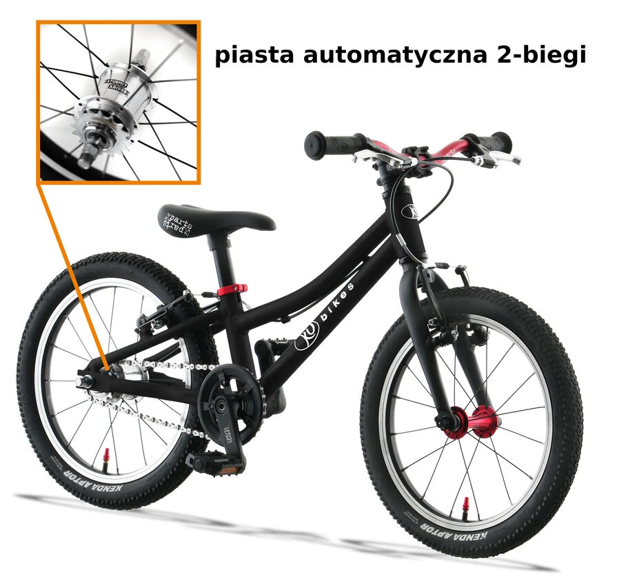 Lekki rower dla dziecka KUbikes 16S AUTO 2 biegi Sturmey Archer Czarny + Laser Red