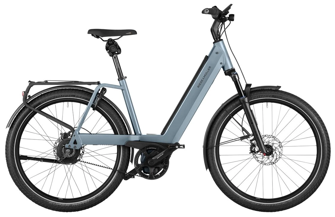 Rower elektryczny na pasku Riese & Muller Nevo 5 Vario 800Wh KIOX 500 Ice Blue Metallic